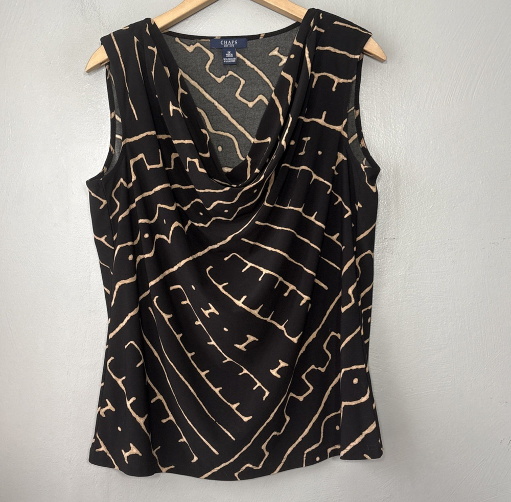 Chaps Top Plus Size 1X Black Tan Cowl Neck Sleeveless Stretch Knit Tribal Artsy